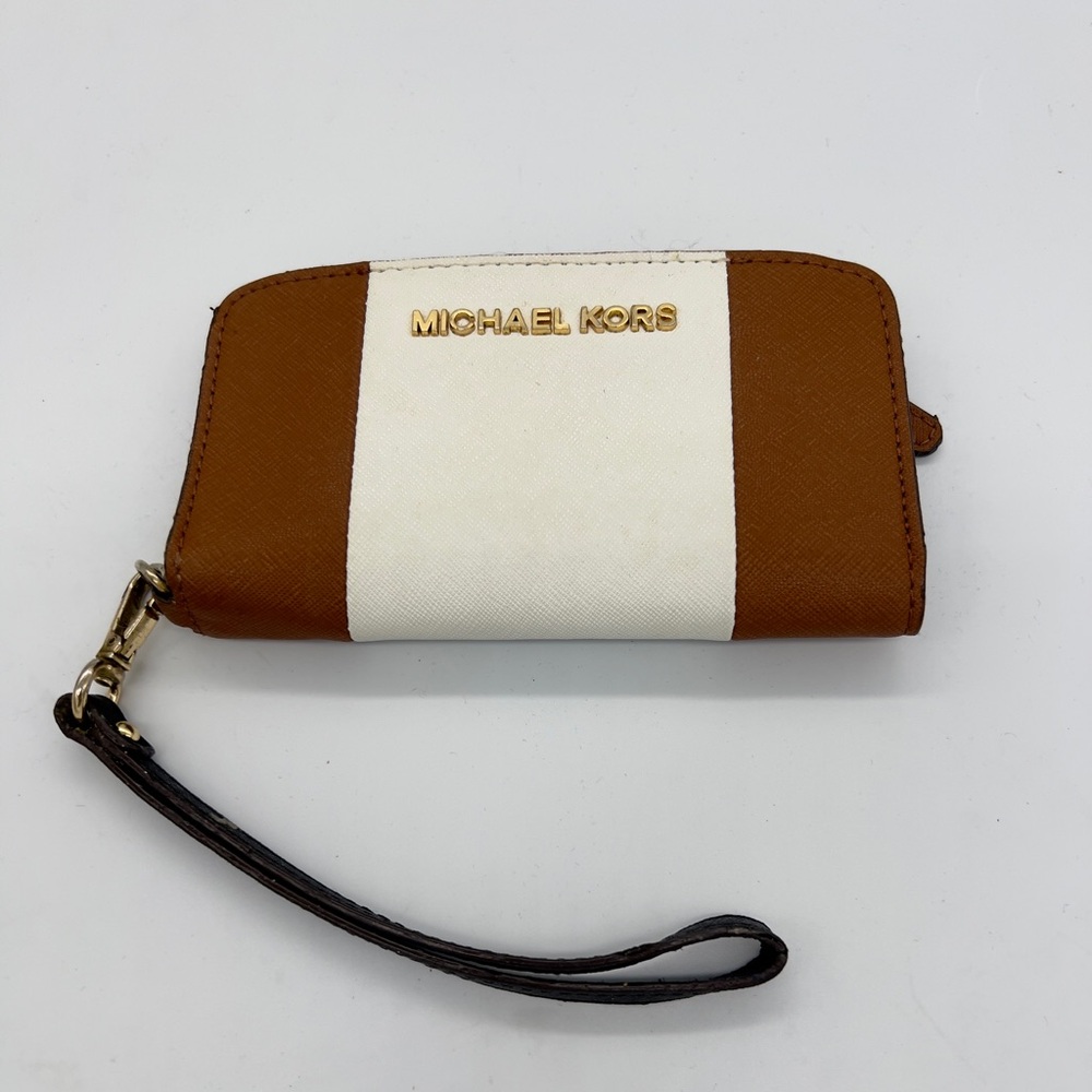 Michael Kors brown and White Stripe Zip Wristlet